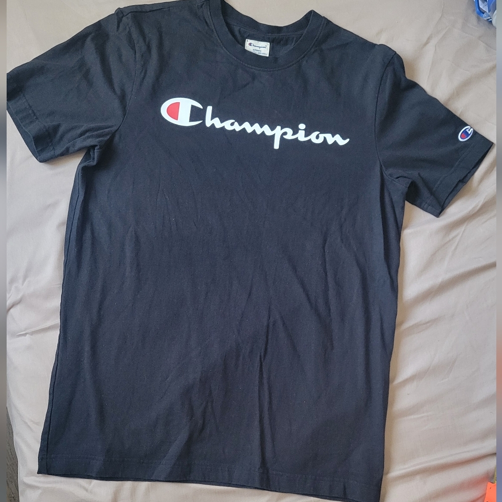 Champion Black Short Sleeve Logo Tee with White & Red Accent